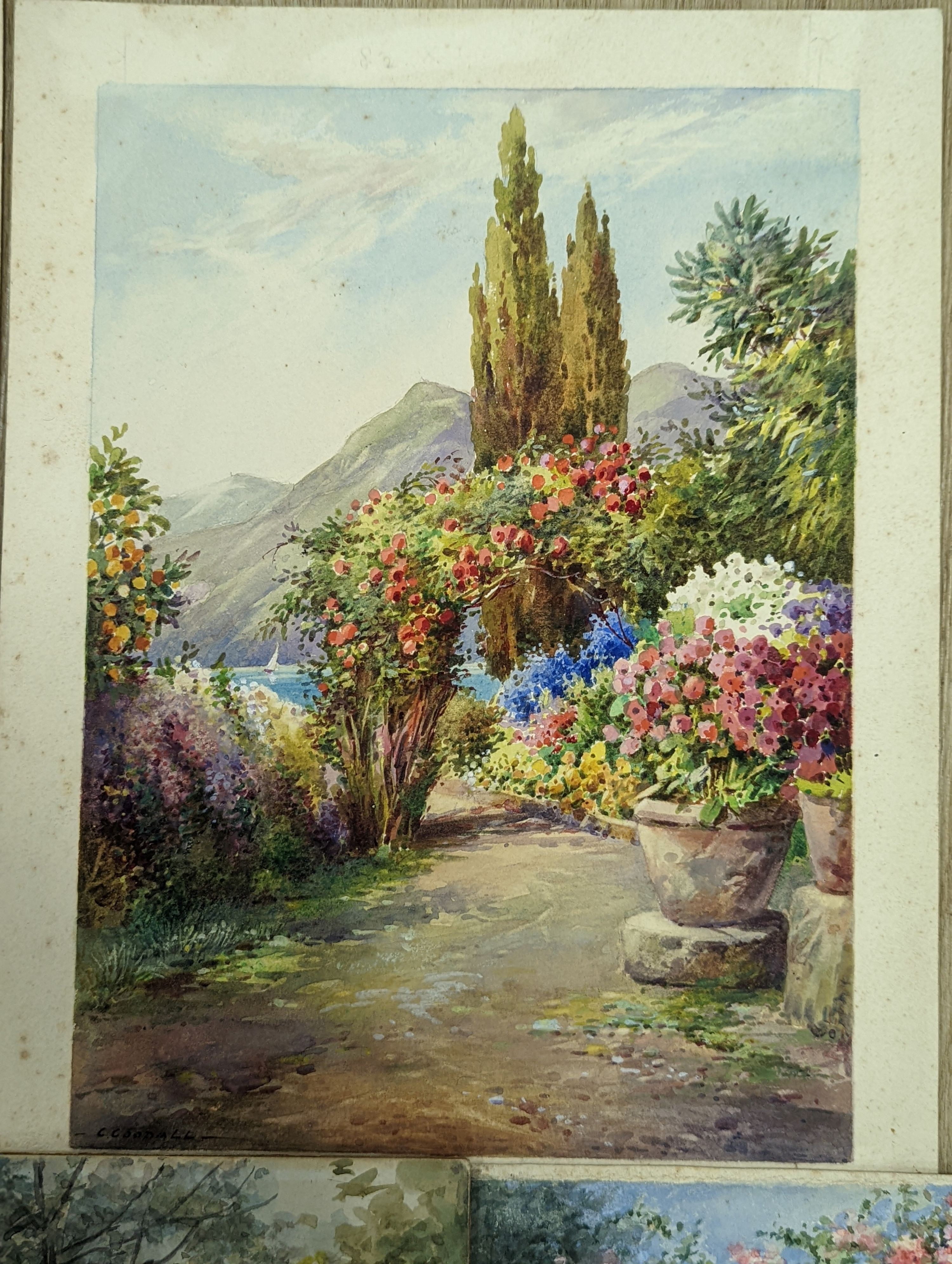 Annie Pressland (1862-1933), four watercolours; The Pergola, In The Rose Garden, The Rose Garden , Wannock & The Tea Court, Wannock, signed, 17.5 x 28cm. and two watercolours by George Goodall; A Glimpse of the Nile & An